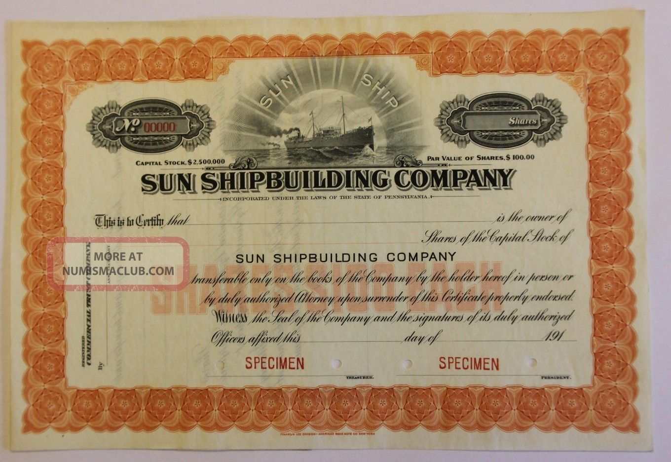 1917 Sun Shipbuilding Company Specimen Stock Certificate Pennsylvania Scarce Transportation photo