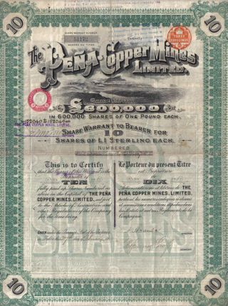 Spain Uk Gb 1906 The Pena Copper Mines Co 10 Shares £10 Uncancelled Coupons Deco photo
