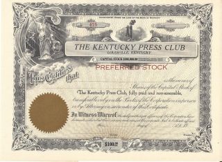 The Kentucky Press Club (louisville Ky). . . . . .  Unissued Stock Certificate photo