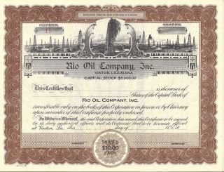 Rio Oil Company,  Inc (vinton,  La). . . . . . . . . .  Unissued Stock Certificate photo