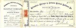 Columbus Chicago & Indiana Central Railway Stock Script 1868 photo