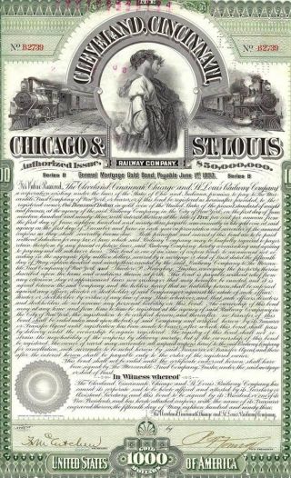 Cleveland Cincinnai Chicago St Louis Rr 1912 Bond $1000 photo