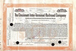 Stock - Cincinnati Inter - Terminal Rr Co Preferred 628 Issued 1912 photo
