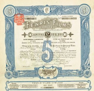 Denmark Fenris Films Stock Certificate 1907 Rare With Coupons 5sh photo