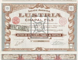 France Lustria Chapal Fils Stock Certificate 1928 With Coupons photo