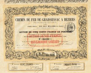 France Railway Company Stock Certificate 1853 W/coupons Graissessac To Beziers photo