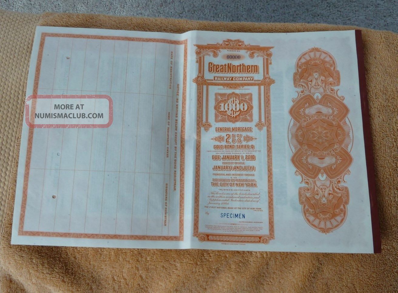 1946 Specimen - Great Northern Railway Coupon Bond $1000 - 64 Years - 128 Coupons Transportation photo