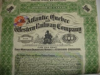 The Atlantic Quebec & Western Railway Company Bond Stock Certificate Railroad photo