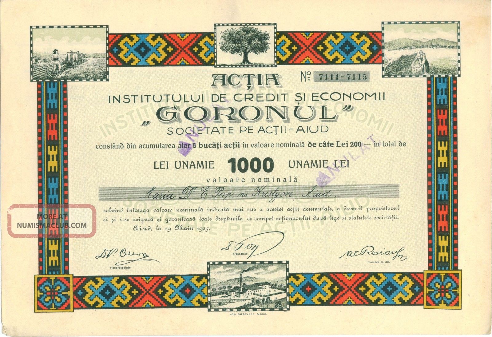 Romania Rumänien Share Aktie 1000 Lei 1925 
