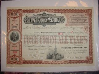 1908 City Of Philadelphia Bond Stock Certificate Pennsylvania photo