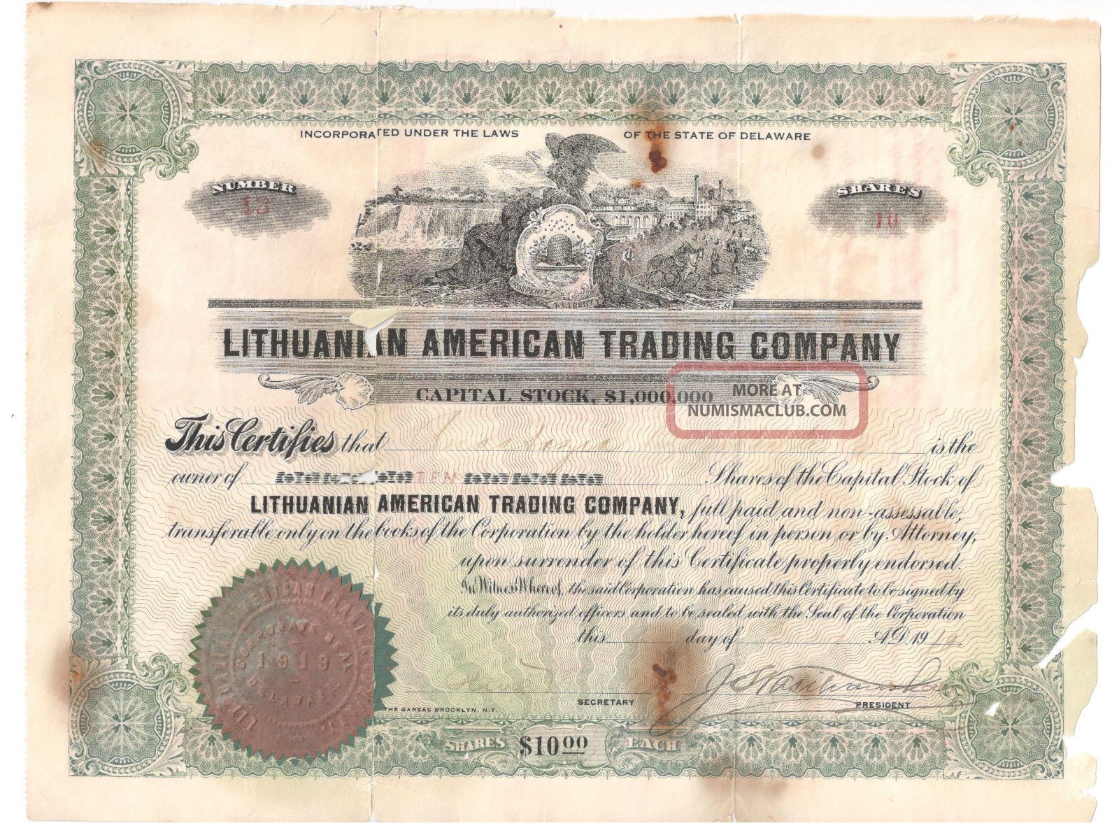 Lithuanian American Trading Company Capital Stock 1919 Lithuania / Lietuva Stocks & Bonds, Scripophily photo