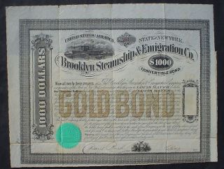 Brooklyn Steamship & Emigration Co.  1000$ Gold Bond Unc.  + Complete Coupon Sheet photo