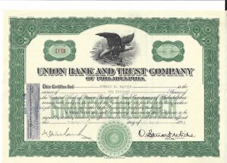 Union Bank And Trust Company (of Philadelphia). . .  1928 Stock Certificate photo
