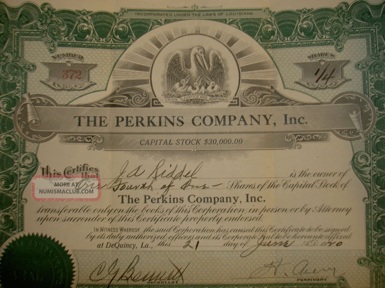 The Perkins Company,  Inc.  Pelican Vignette Louisiana Stocks & Bonds, Scripophily photo
