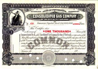 Consolidated Gas Company Of Pittsburgh Pa 189 - Stock Certificate photo