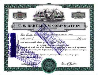 U.  S.  Beryllium Corporation Co 1963 Stock Certificate photo