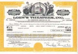 Broker Owned Stock Certificate: Manley Bennett,  Payee; Loews Theatres,  Issuer photo