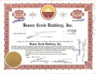 Brokerowned Stock Certificate: Tc Henderson,  Payee; Beaver Creek Distlil,  Issuer photo