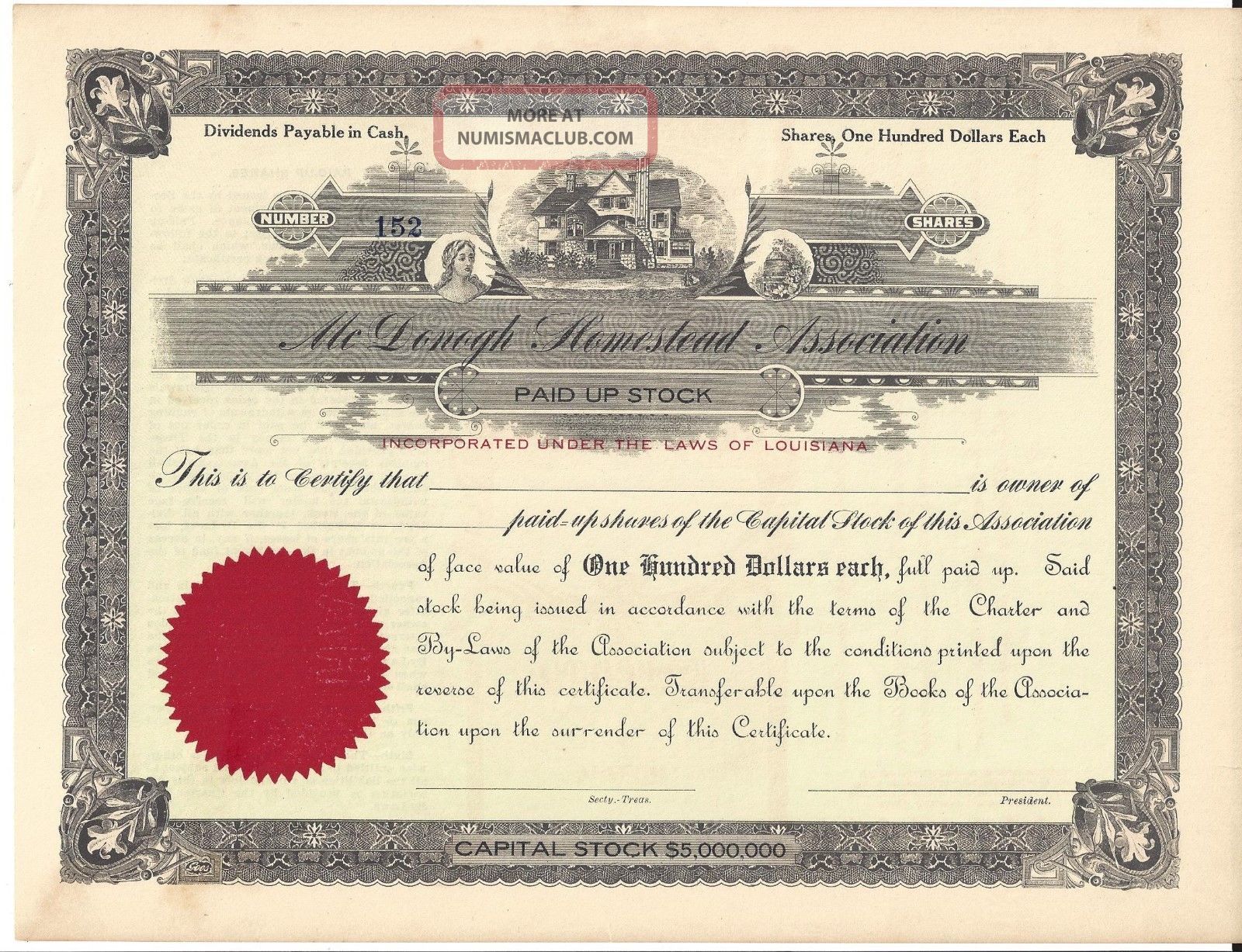 Mcdonogh Homestead Association.  (louisiana). . . . .  Unissued Stock Certificate Stocks & Bonds, Scripophily photo