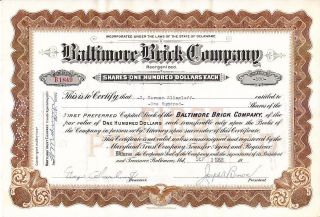 Baltimore Brick Company 1958 Stock Certificate photo