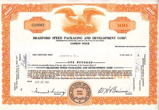 Bradford Speed Packaging And Development Corp.  1965 Stock Certificate photo