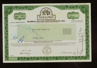 Bombay Palace Restaurants Inc - Restaurant Chain - Old Stock Certificate 1987 photo