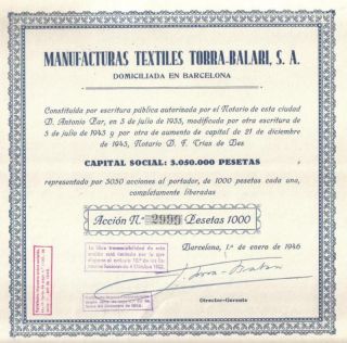 Spain Bond 1946 Manufactures Textiles Torra - Balari 1000 photo