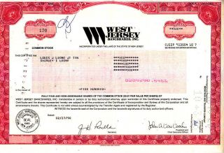 West Jersey Bancshares,  Inc.  Nj 1990 Stock Certificate photo