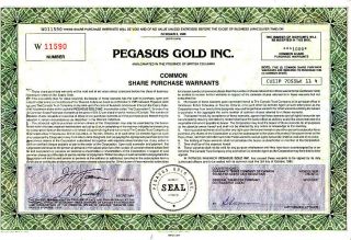 Pegasus Gold Inc.  Canada 1985stock Warrant Certificate photo