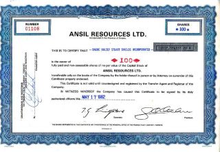 Ansil Resources Ltd.  Canada 1982 Stock Certificate photo