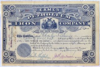 Eames Petroleum Iron Company Stock Certificate York photo