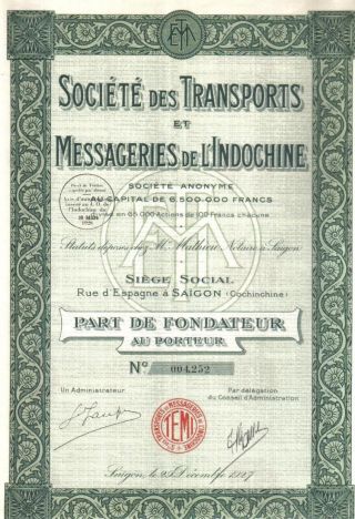 Indochina Bond 1927 Transport Courier Co Saigon Founder Coupons Uncancelled photo