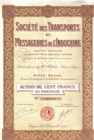Indochina Bond 1927 Transport Courier Co Saigon 100 Francs Coupons Uncancelled photo