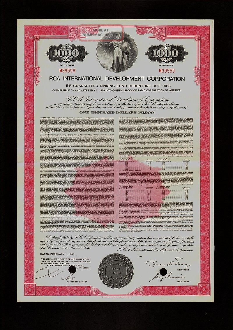 Rca International Development Corporation Usd 1,  000 Old Bond Certificate 1968 Stocks & Bonds, Scripophily photo