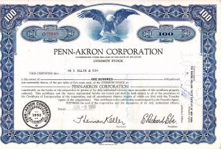 Broker Owned Stock Certificate: A C Allyn & Co,  Payee; Penn - Akron Corp,  Issuer photo
