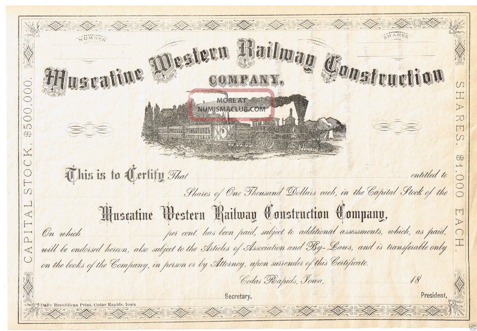 Muscatine Western Railway Construction Co.  Iowa 1870 ' S Transportation photo