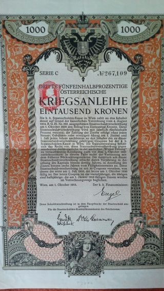 Austria Austrian 1915 Staatsanleihe 1000 Kronen Bond Loan photo