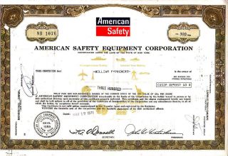 American Safety Equipment Corp Ny 1971 Stock Certificate photo