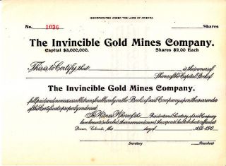 Invinciible Gold Mines Company Az 190 - Stock Certificate photo