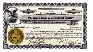 Mt.  Vernon Mining & Development Company Ut 1960 Stock Certificate photo