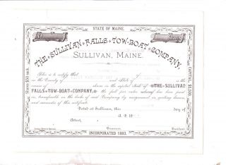 The Sullivan Falls Tow Boat Company,  Sullivan,  Maine,  Unc Share Certificate 1883 photo