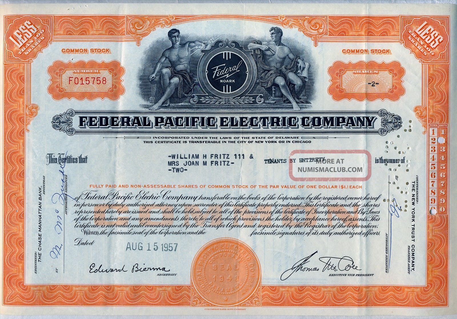 Federal Pacific Electric Company Stock Certificate Noark Stocks & Bonds, Scripophily photo