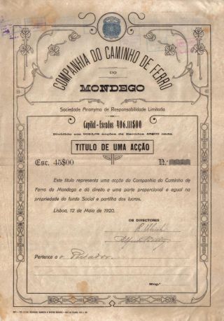 Portugal 1920 Bond Railway Company Mondego Esc.  45$00 Uncancelled Deco photo