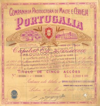 Portugal 1946 Beer Productora Malte Cerveja Portugalia 5 Shares Deco 2 Revenue photo