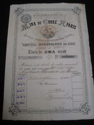 Company Of Copper Mine To Paris - One Share Certified 1885 photo