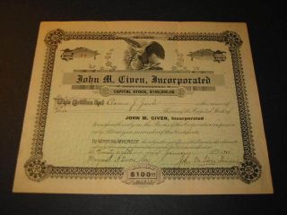 Old 1914 John M.  Given Inc.  Stock Certificate photo