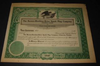 Barnes Hawkins Brice Spark Plug Stock Certificate - Ks. photo