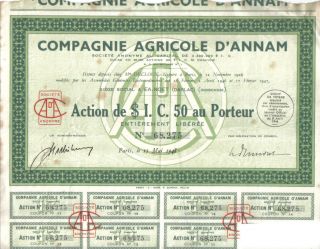 France Indochina 1948 Company Agricultural Annam $1.  C.  50 Coupons Uncancelled photo
