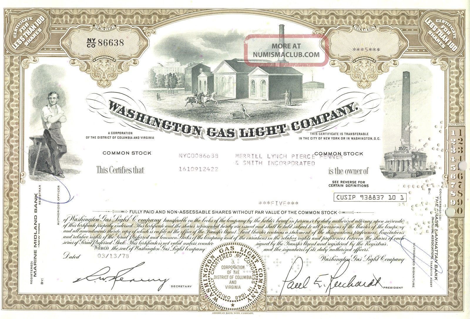 1978 Washington Gas Light Company - Common Stock Certificate Stocks & Bonds, Scripophily photo