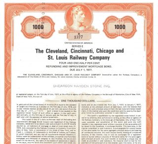 1927 Cleveland Cincinnati Chicago & St Louis Railway Mortgage Bond Certificate photo